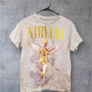 NIRVANA Women's  Tee - Gray with Gold and Pink Graphic